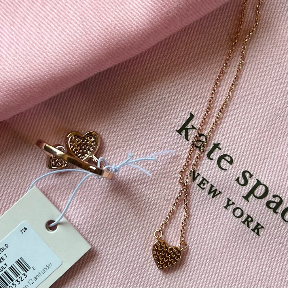 NEW Kate Spade Yours Truly Pave Heart Ring & Mini Pendant Necklace Rose Gold - Picture 6 of 8